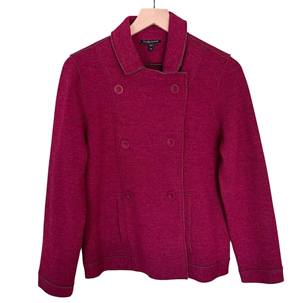 Eileen Fisher Wool Double Breasted Jacket Raspberry Pink Grey Medium Petite